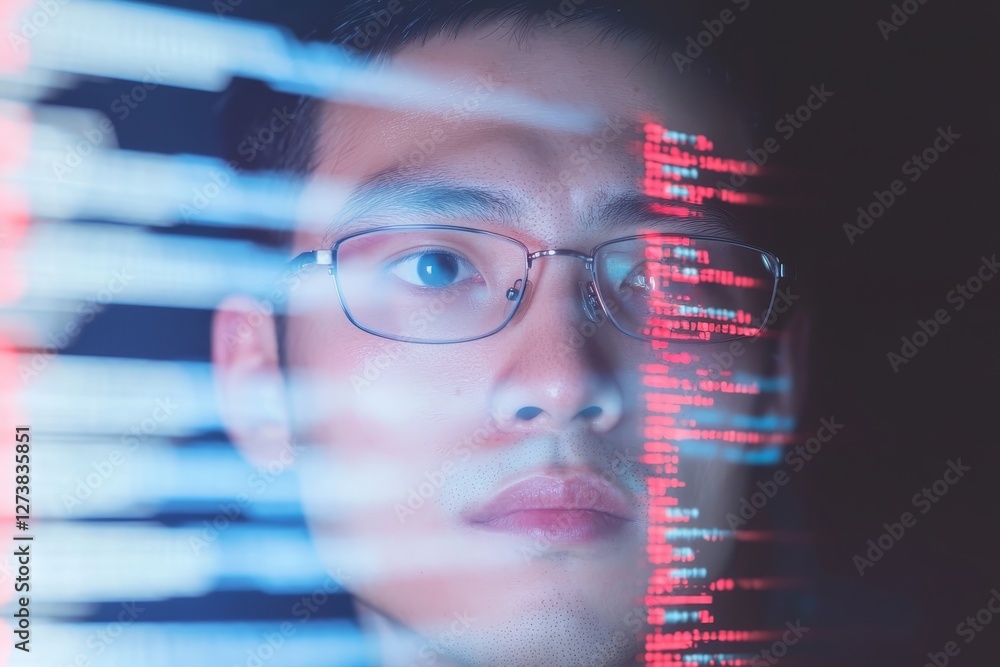 Poster a man focused on programming, coding, and trading, surrounded by holograms, emphasizing cyber securi