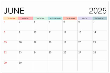 Calendar June 2025 page isolated on white background, Save clipping path.