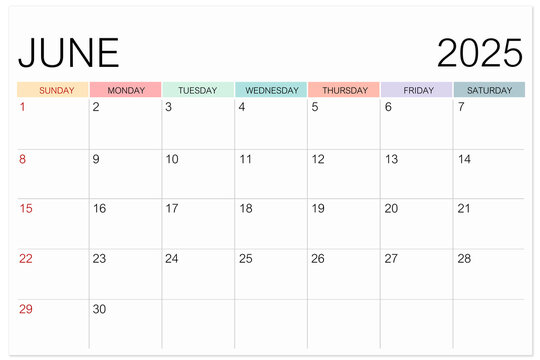 Calendar June 2025 page isolated on white background, Save clipping path.