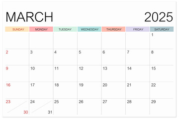 Calendar March 2025 page isolated on white background, Save clipping path.