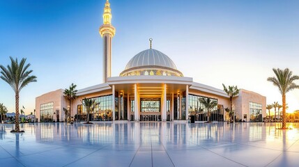Naklejka premium Majestic Mosque Architecture Against Sunset Sky with Palms