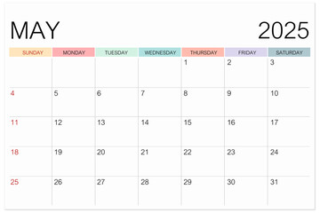 Calendar May 2025 page isolated on white background, Save clipping path.