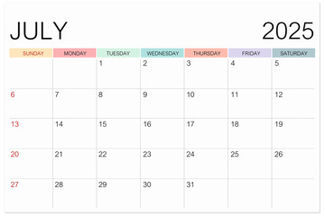 Calendar July 2025 page isolated on white background, Save clipping path.