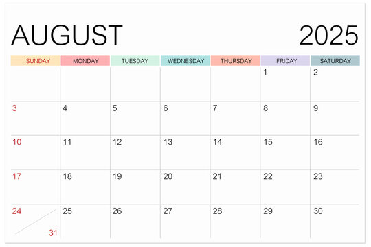 Calendar August 2025 page isolated on white background, Save clipping path.