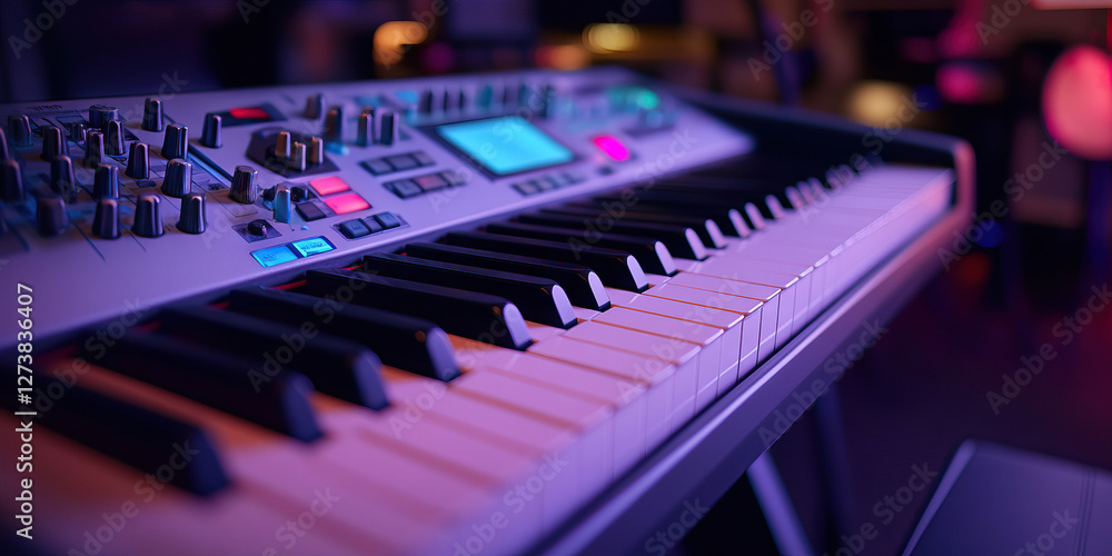 Poster synthesizer keyboard with control panel and keys