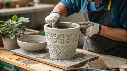 DIY Cement Flower Pots. Craftsman shaping a decorative concrete pot in a pottery workshop.