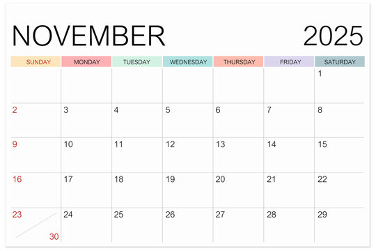 Calendar November 2025 page isolated on white background, Save clipping path.