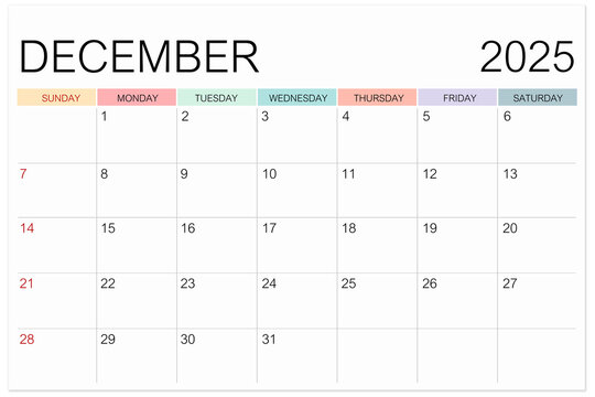 Calendar December 2025 page isolated on white background, Save clipping path.