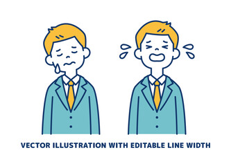 泣く・悲しむ、若いビジネスマンのベクターイラスト素材セット＿線幅の編集可能
