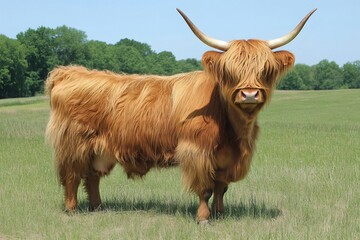 Highland cow standing in green field on sunny day