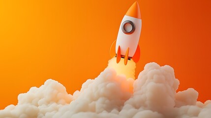 Smooth cartoon-style rocket lifts off against a vibrant orange sky, surrounded by fluffy clouds, illuminating the atmosphere with bright flames and excitement