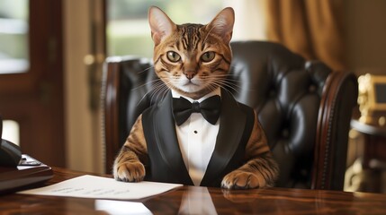 Sophisticated Bengal cat in a tuxedo sitting at an elegant desk in a luxurious office setting, showcasing a formal demeanor while preparing for an important occasion