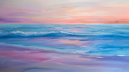 Obraz premium Beachscape on sunrise. Serene beauty of pastel-hued, pink and purple tones, where gentle waves roll onto the sand under tranquil sunrise. Perfect for evoking calm and inspiration. Copy space for text