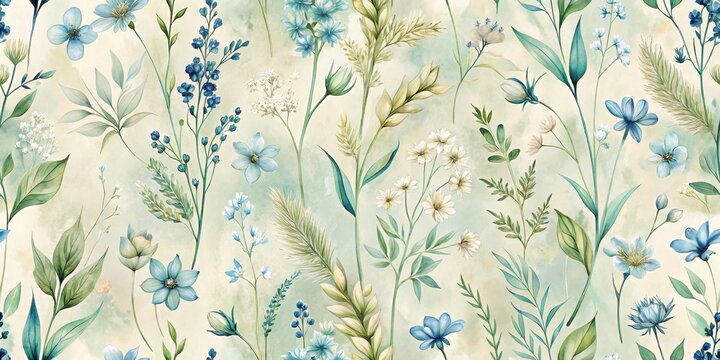 Serene Watercolor Botanical Print Featuring Delicate Blue and White Flowers, Lush Greenery, and Elegant Grasses on a Soft, Textured Background