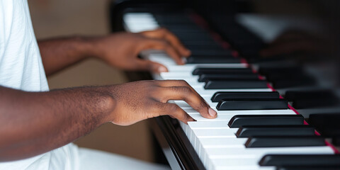 Fototapeta premium Close-up of Hands Playing Piano Keyboard