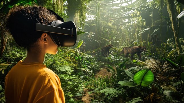 Girl in VR headset exploring virtual jungle with animals.