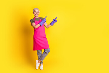 Full body portrait of pretty aged woman maid point fingers empty space pink apron isolated on yellow color background