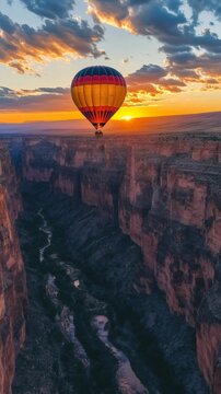 Hot air balloon flying over rio grande gorge at sunset
