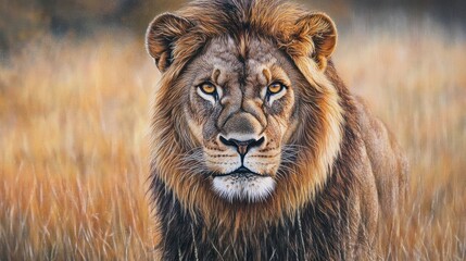 Majestic African Lion in Golden Grassland