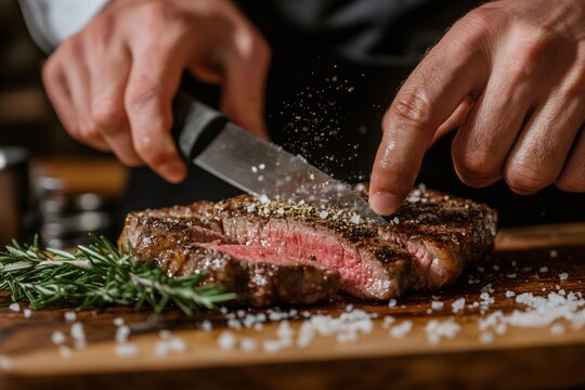 Chef slicing grilled steak with rosemary and salt on wooden board