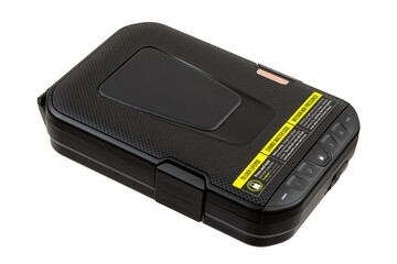 A compact black safe featuring a digital keypad and fingerprint scanner, perfect for protecting valuables or firearms, isolated on a white background...