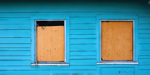 Teal Building with Two Boarded Windows