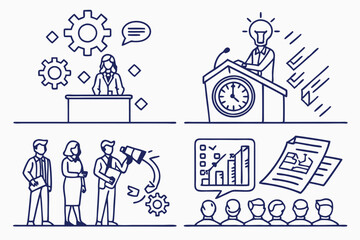  Business icons, corporate symbols, line art, blue and white color scheme, teamwork, innovation, efficiency, learning, time management, problem-solving, networking, professional development, minimal