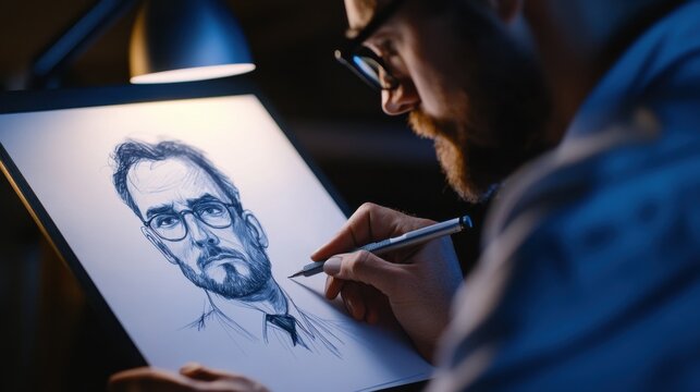 Detective sketching a suspect&rsquo;s likeness on paper. Featuring deduction and creativity