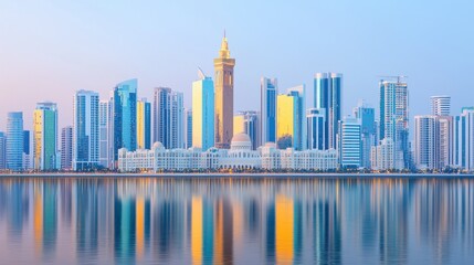Obraz premium Modern City Skyline Reflection on Calm Water at Sunset in Dubai