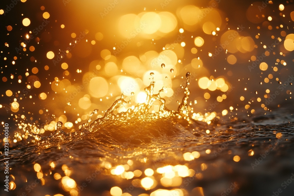Poster golden water splashing with bokeh effect at sunset