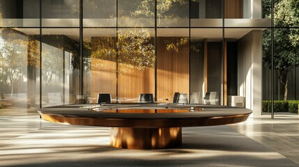 A stylish corporate boardroom with a round meeting table, glass windows, and executives in blurred motion
