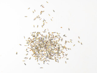 Dry lavender flowers isolated, scattered lavandula perfume buds, petals, fragrance lilac blossoms, herbs