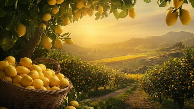 A picturesque lemon orchard at sunset with ripe lemons hanging from trees and a basket full of freshly harvested fruit, set against rolling hills and a golden sky