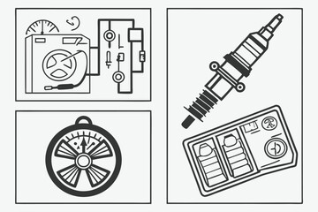  Car engine repair icons, technical diagrams, automotive parts, black and white illustrations, minimalist design, mechanical symbols, vehicle maintenance guide, service manual aesthetic, schematic d