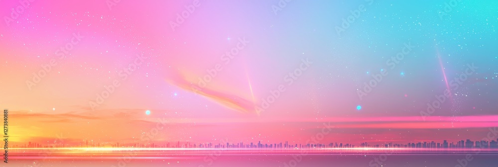 Poster bright holographic background adorned with a wavy seamless pattern of neon gradient curved waves