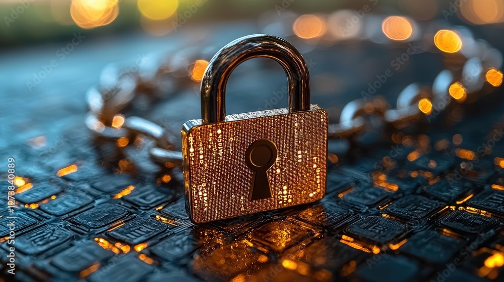 Poster a secure padlock resting on a computer keyboard highlighting digital security concepts