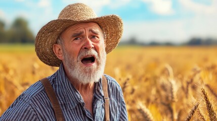 Fototapeta premium Farmer expressing emotions in golden wheat field