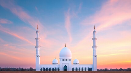 Naklejka premium Majestic White Mosque with Towers at Sunset Against Colorful Sky