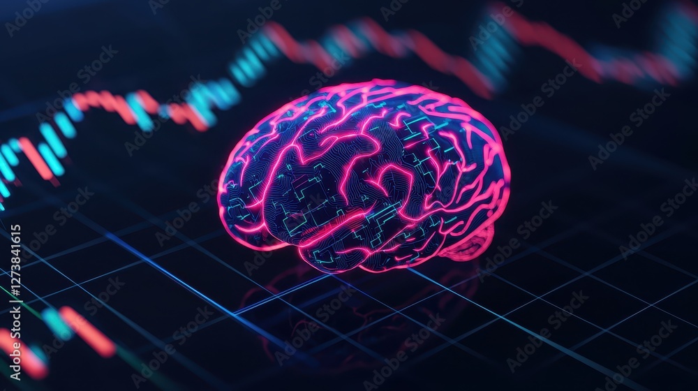 Poster a vibrant digital brain visualization overlaid on a financial graph, representing the intersection o