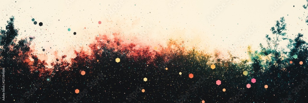 Poster the combination of pixel art style, abstract geometric patterns, and gradient and light effects in a