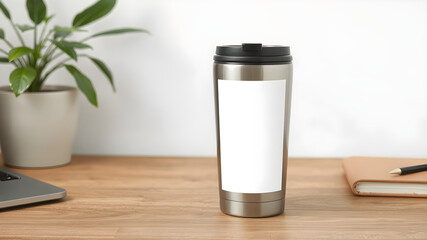 A stainless steel travel mug mockup on a wooden desk, featuring a blank white section for custom branding, logos, or travel-related graphics. 