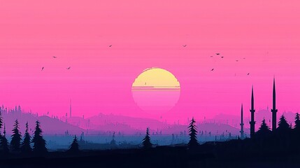 Obraz premium Vibrant Pink Sunset Over Silhouette Forest and Hillscape