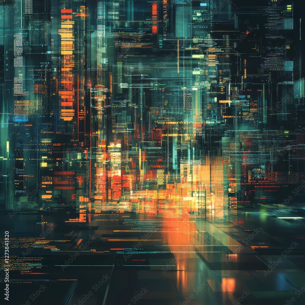 Poster abstract background concept. abstract digital cityscape glowing data streams.