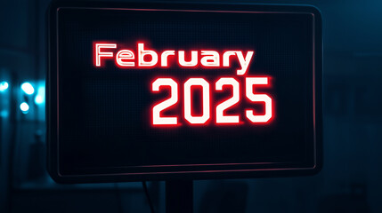 Obraz premium A crisp, clean digital screen displaying February 2025 in glowing neon font on a solid black background.