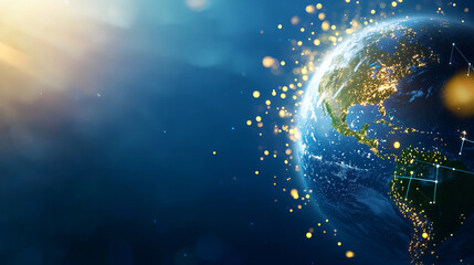 Obraz premium Conceptual image of Earth illuminated by digital energy and light particles, showcasing global connectivity and technology