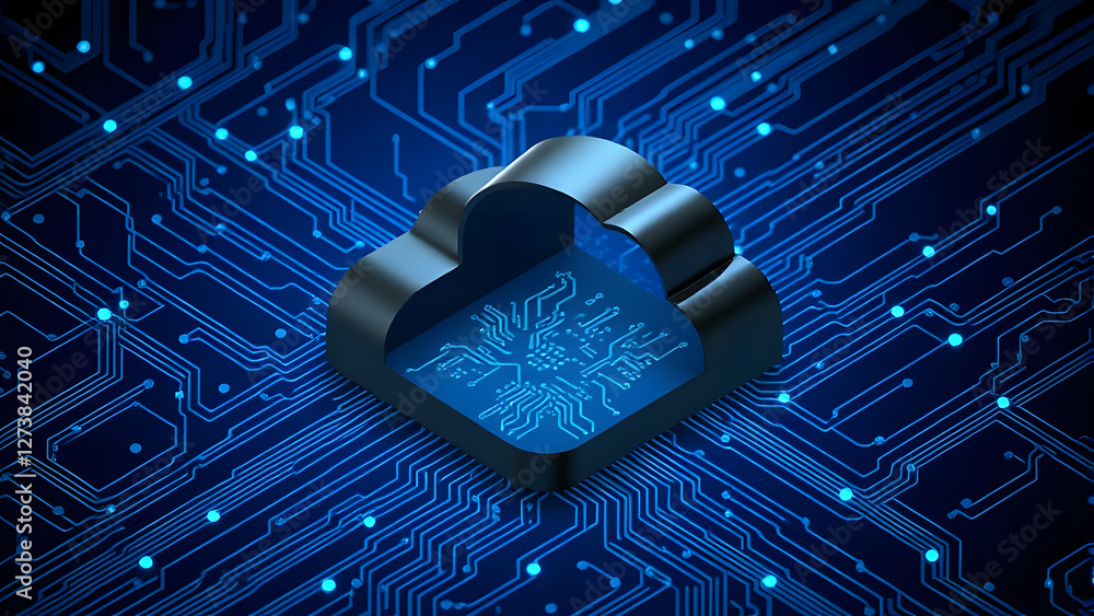 Poster blue circuit board background with electronic circuits and digital design description cloud model