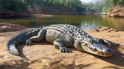 Giant Crocodile Resting Near Tropical Riverbank