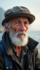 Obraz premium Elderly man with deep wrinkles, and white beard, wearing fisherman's hat, gazing into distance, backdrop foggy sea coast. Aging, wisdom, and outdoor activities.