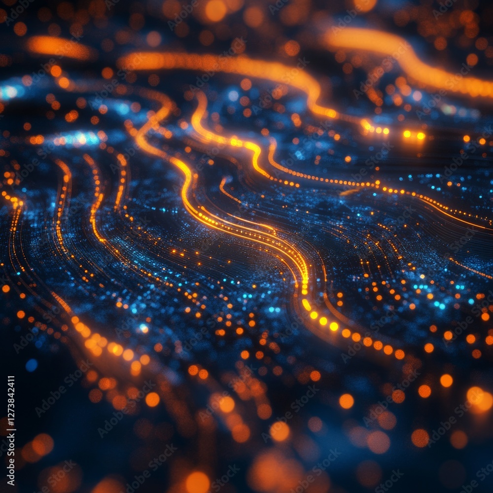 Poster abstract background concept. abstract digital waveform glowing orange and blue data stream.