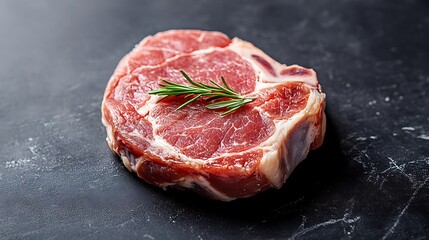 Raw Ribeye Steak with Rosemary on Dark Marble Preparation Concept
